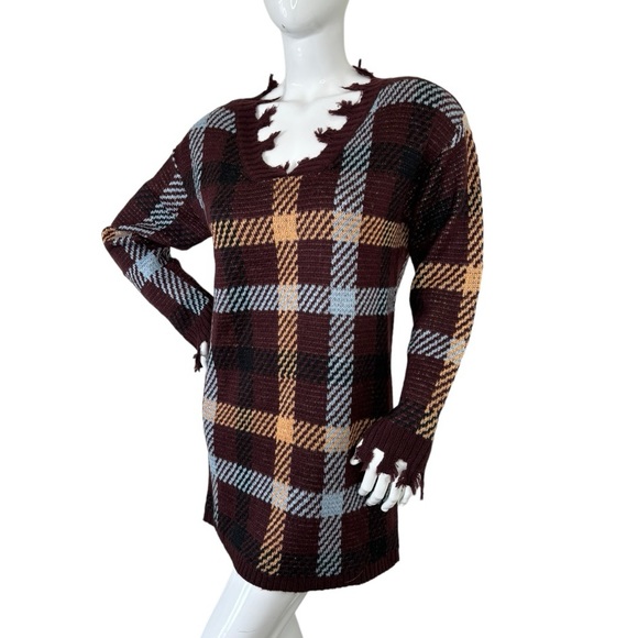 Entro gorgeous burgundy sweater top fringe unique plaid striped lovely pattern M - Picture 5 of 15